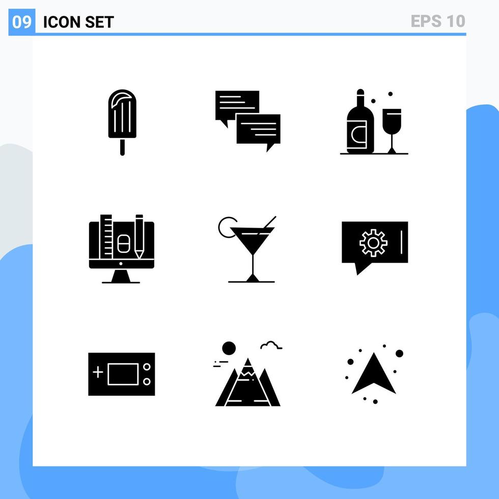 Packung mit 9 modernen soliden Glyphen-Zeichen und Symbolen für Web-Printmedien wie Saftpincil-Chat-Skala computerbearbeitbare Vektordesign-Elemente vektor