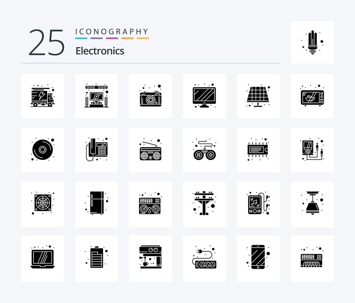 Elektronik 25 Solid Glyph Icon Pack inklusive Elektronik. Öko. Fotografie. Batterie. Bildschirm vektor