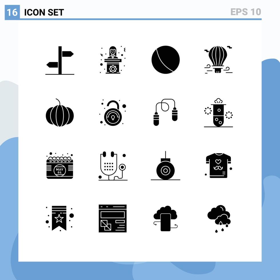 Gruppe von 16 modernen soliden Glyphen, die für editierbare Vektordesign-Elemente des Kürbis-Luftballonlehrer-Heißluftballons festgelegt wurden vektor