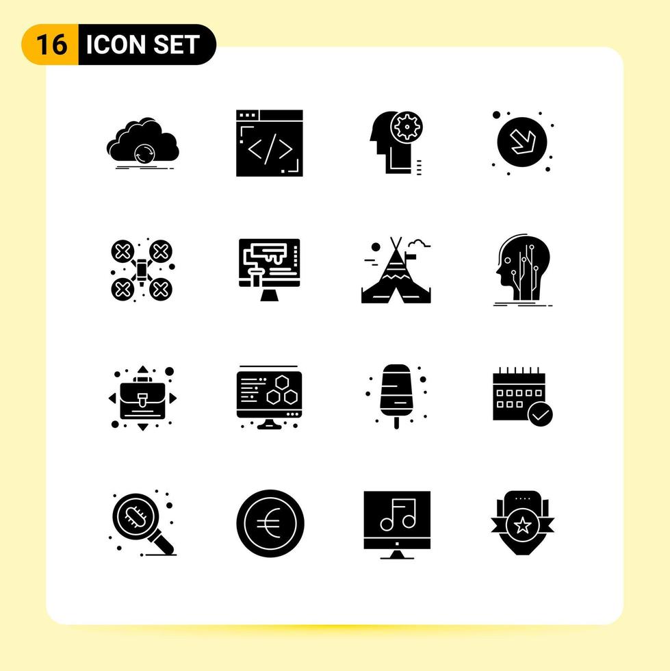 16 universell fast glyfer uppsättning för webb och mobil tillämpningar Drönare kamera kam brainstorming rätt pil redigerbar vektor design element