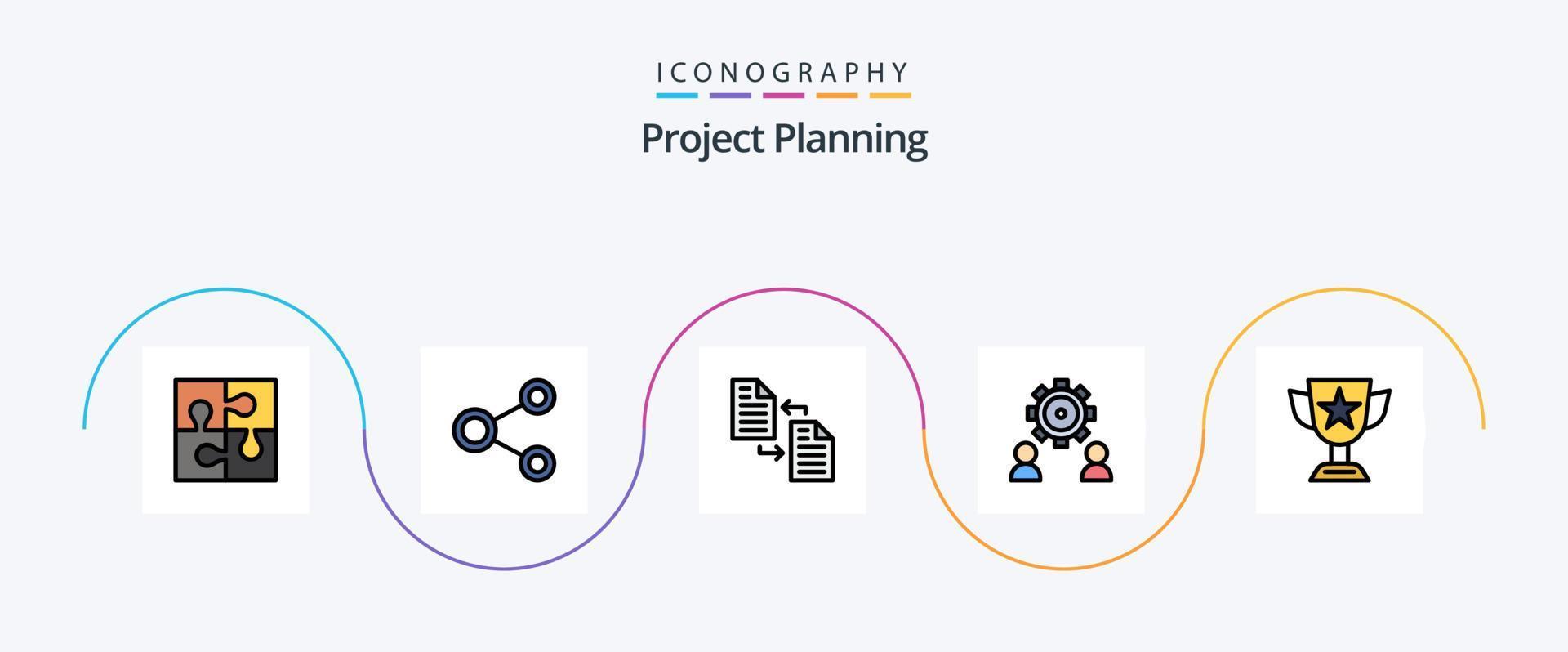 Projektplanungslinie gefülltes flaches 5-Icon-Paket einschließlich Präferenz. konfigurieren. teilen. Transfer. Datei vektor