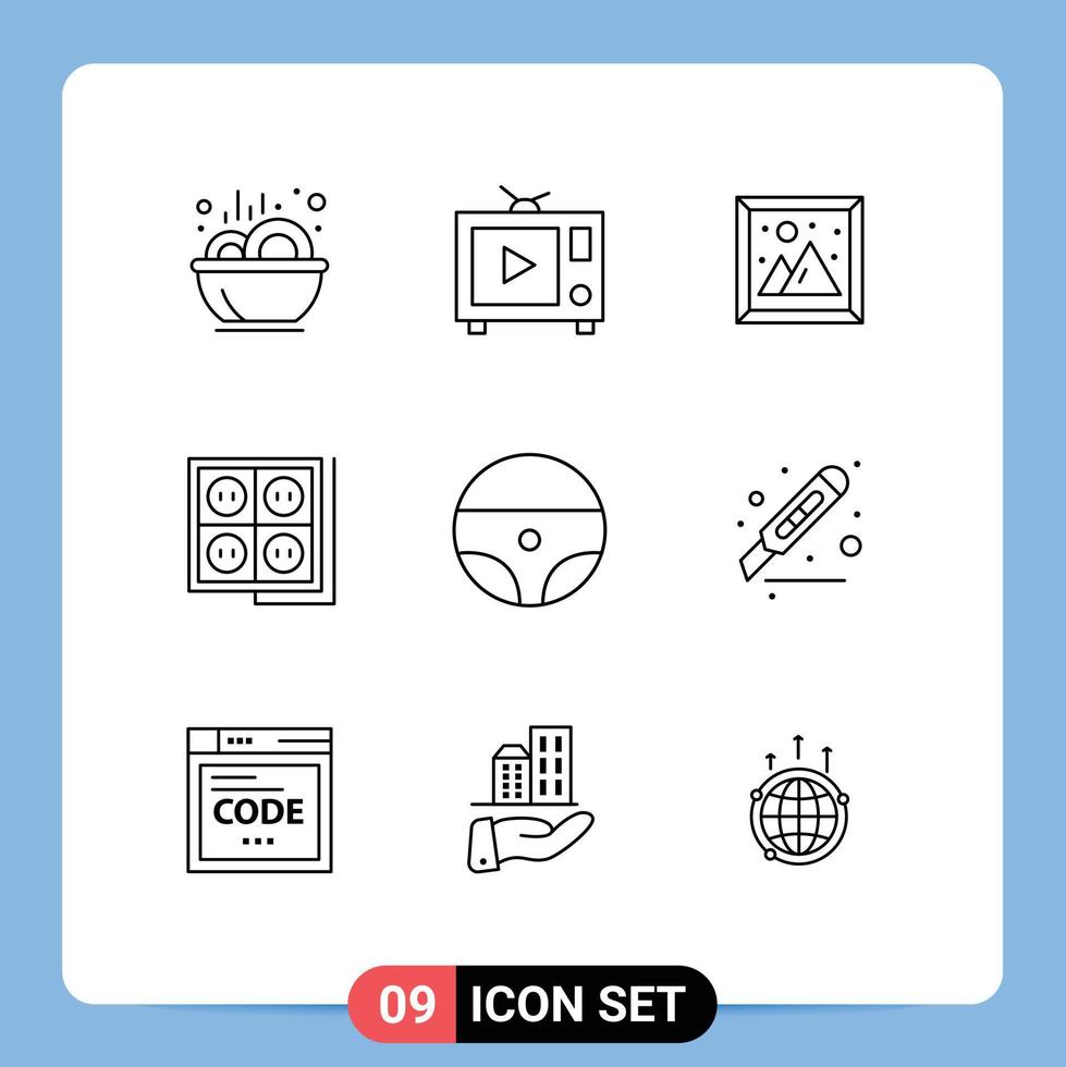 Stock Vector Icon Pack mit 9 Zeilenzeichen und Symbolen für die Konstruktion von Lenkwerkzeugen für Innensteckdosen, editierbare Vektordesign-Elemente