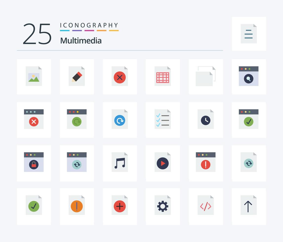 Multimedia-Symbolpaket mit 25 flachen Farben, einschließlich Suche. App. Datei. Landschaft. Kopieren vektor