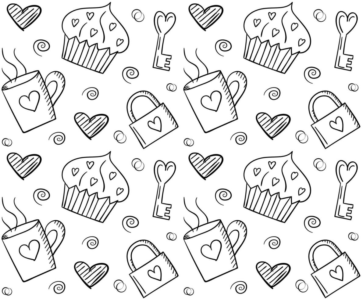 vektor valentines dag klotter mönster. sömlös mönster med kärlek symboler. cupcake, varm dryck och låsa med nyckel