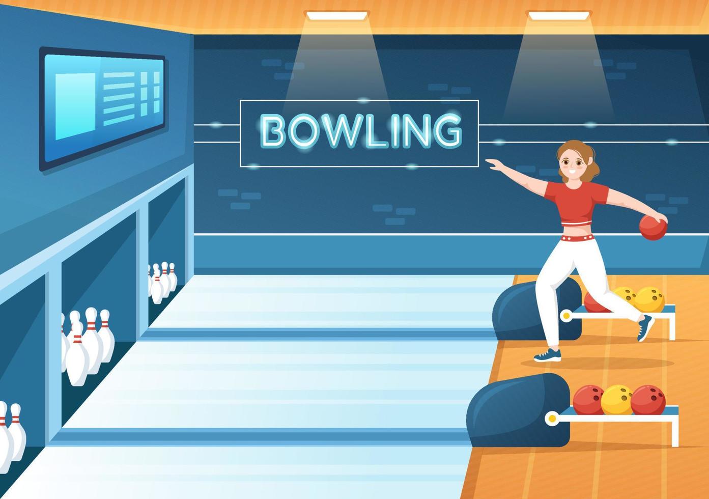 bowling spel illustration med stift, bollar och resultattavlor i en sport klubb för webb baner eller landning sida i platt tecknad serie hand dragen mallar vektor