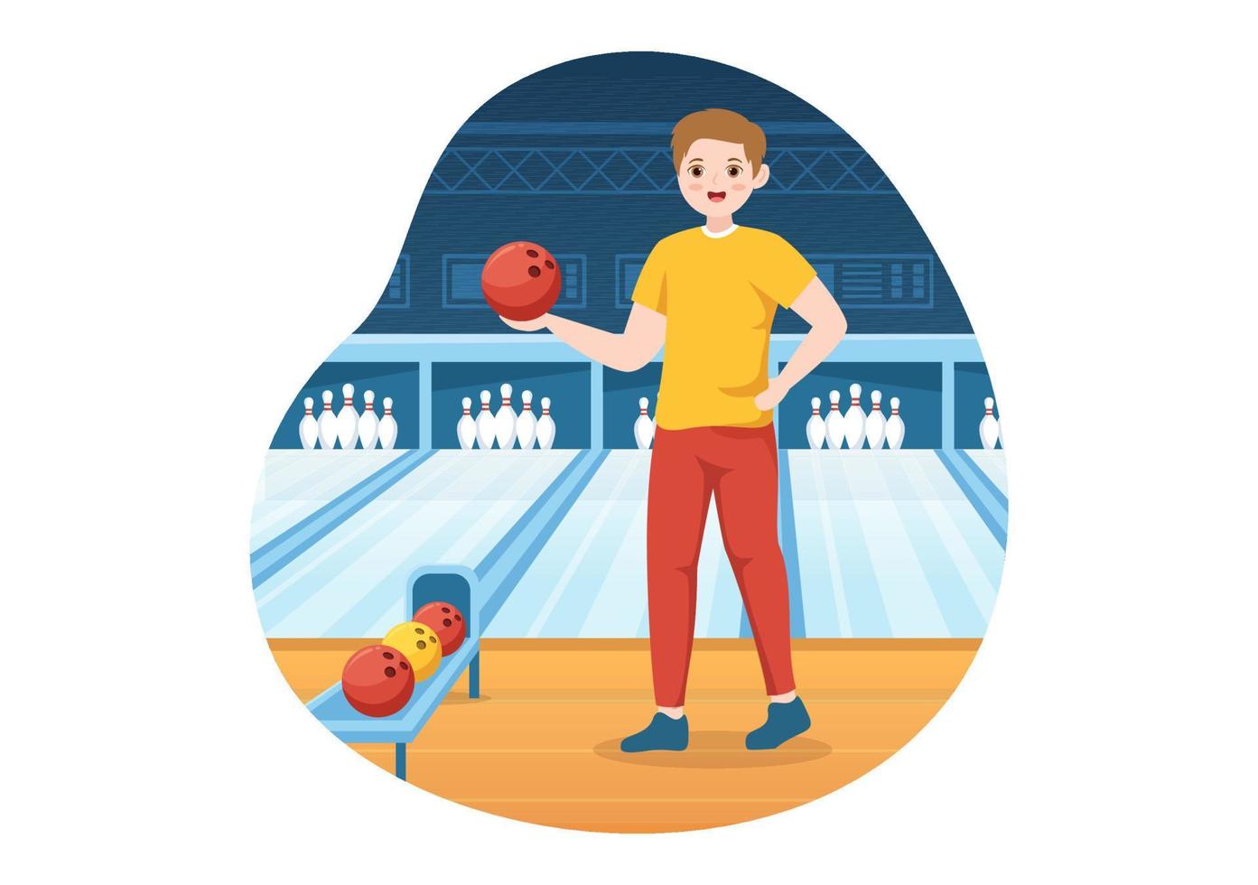 bowling spel illustration med stift, bollar och resultattavlor i en sport klubb för webb baner eller landning sida i platt tecknad serie hand dragen mallar vektor