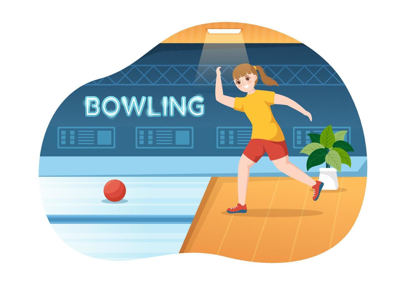 bowlingspielillustration mit stiften, bällen und anzeigetafeln in einem sportverein für webbanner oder zielseite in handgezeichneten vorlagen der flachen karikatur vektor