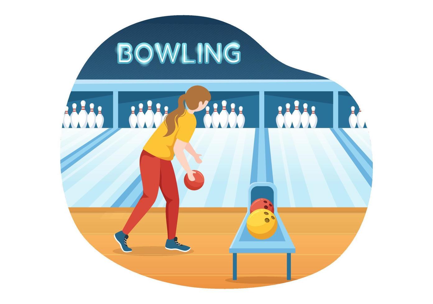bowlingspielillustration mit stiften, bällen und anzeigetafeln in einem sportverein für webbanner oder zielseite in flachen handgezeichneten karikaturvorlagen vektor