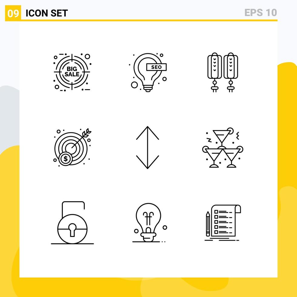 Aktienvektor-Icon-Pack mit 9 Zeilenzeichen und Symbolen für bearbeitbare Vektordesign-Elemente für Maßstabspfeil-Anhänger-Zielgeld vektor