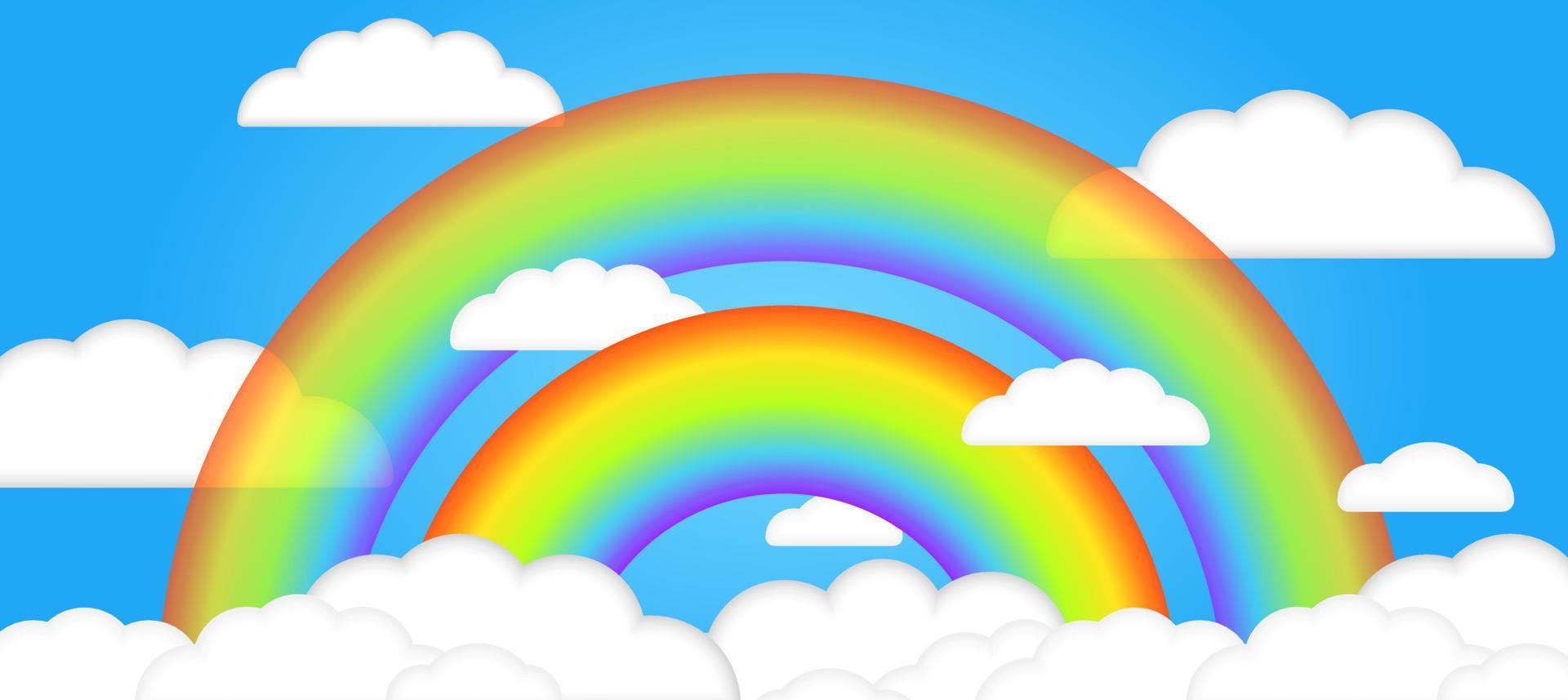 Schöne sommerliche 3D-Wolken im blauen Himmel mit realistischem transparentem 3D-Regenbogen. Kinder-Vektor-Illustration. dreidimensionaler Stil. Platz für Texte. kinderkarikaturillustration für flyer oder banner. vektor