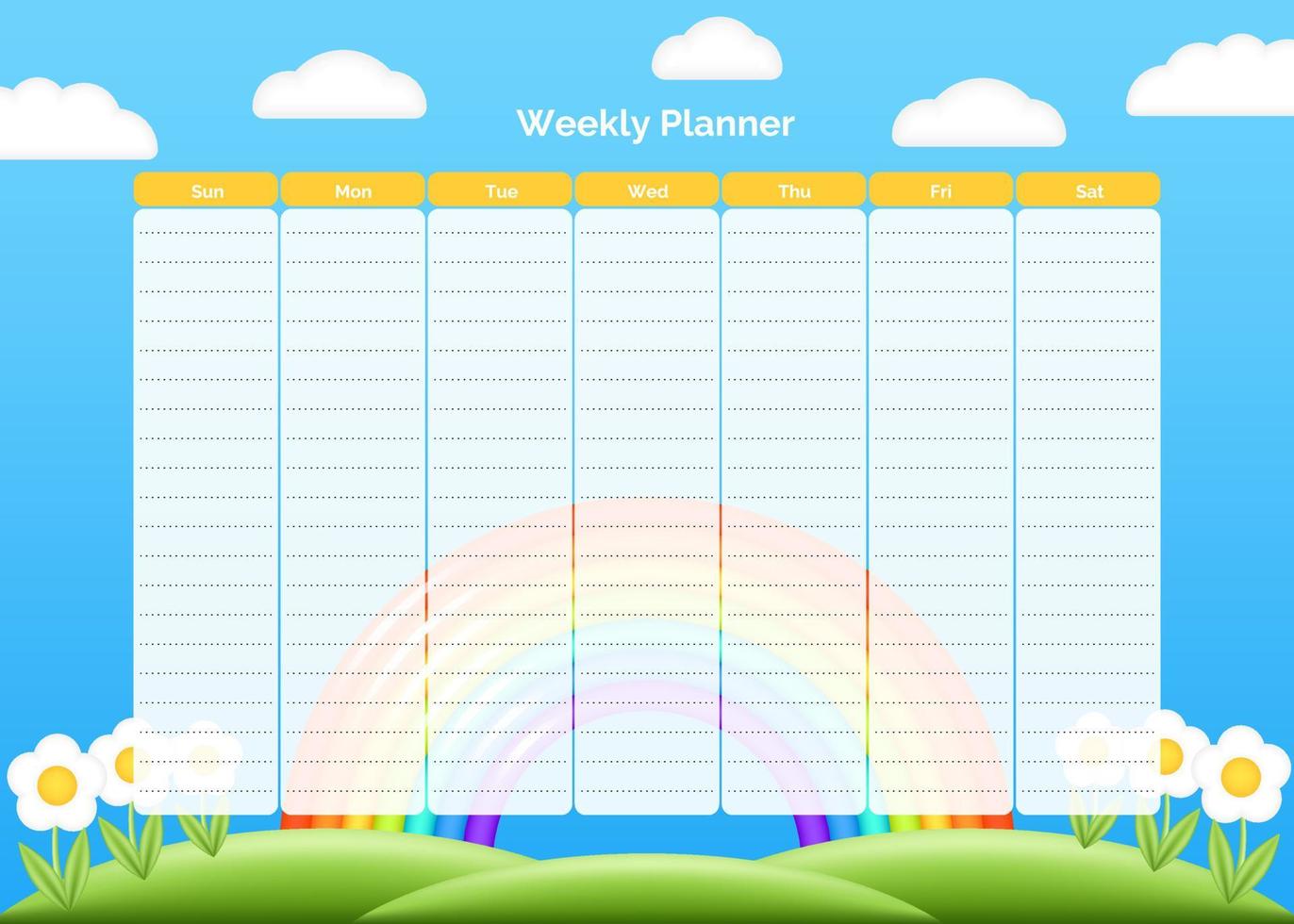 Vektor Wochenplaner Entwurfsvorlage. Eleganter niedlicher blauer Frühlingskinderorganisator und -notizblock. Wochenkalender Zeitplan druckbare Aufgabenliste. Schöne 3D-Wolken im blauen Himmel mit realistischem 3D-Regenbogen.