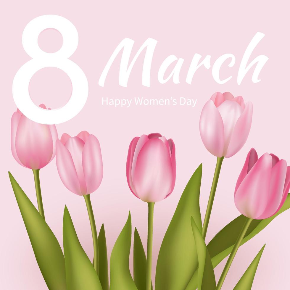8 Mars hälsning baner med rosa realistisk tulpan blomma bukett bakgrund. affisch, flygblad, hälsning kort, hemsida rubrik vektor illustration. mall för reklam, webb, social media pastell rosa.