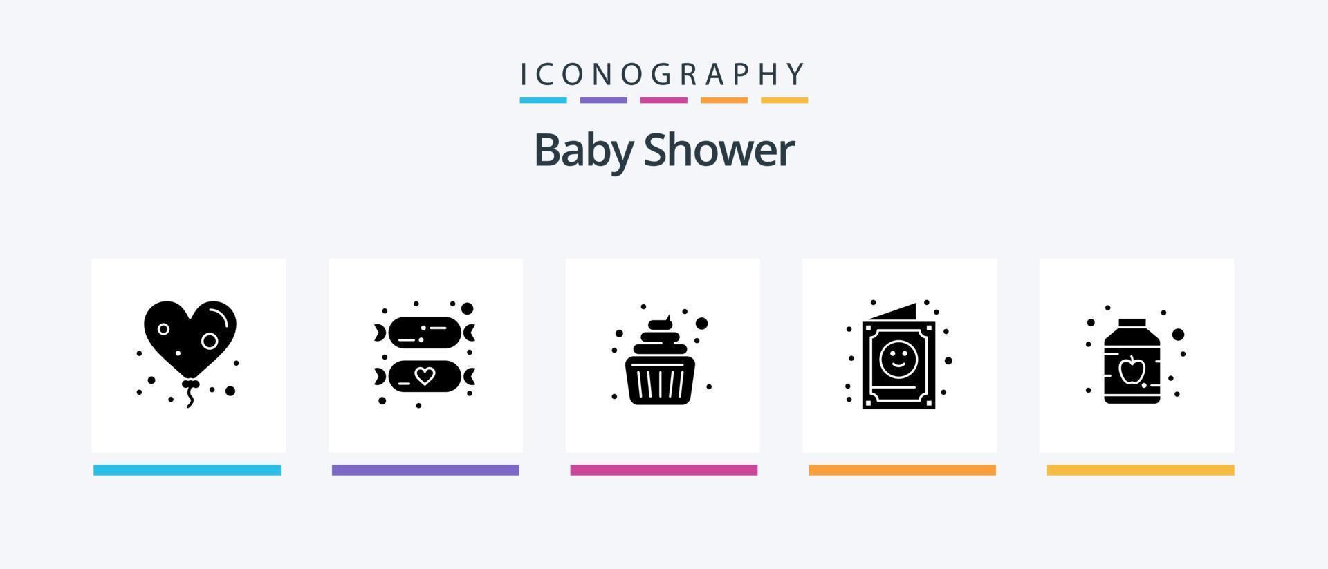bebis dusch glyf 5 ikon packa Inklusive mat. unge. kaka. inbjudan. barn. kreativ ikoner design vektor