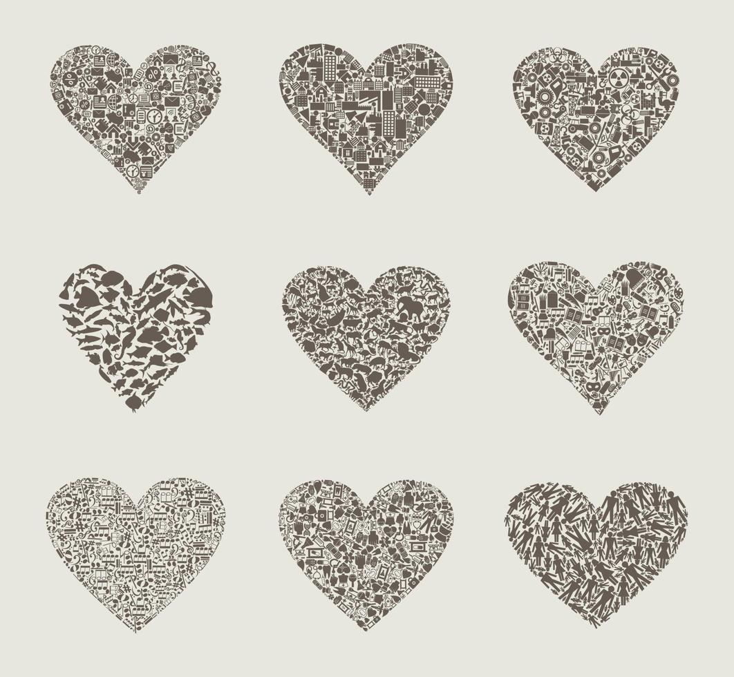 samling hjärta på annorlunda teman av kärlek. en vektor illustration
