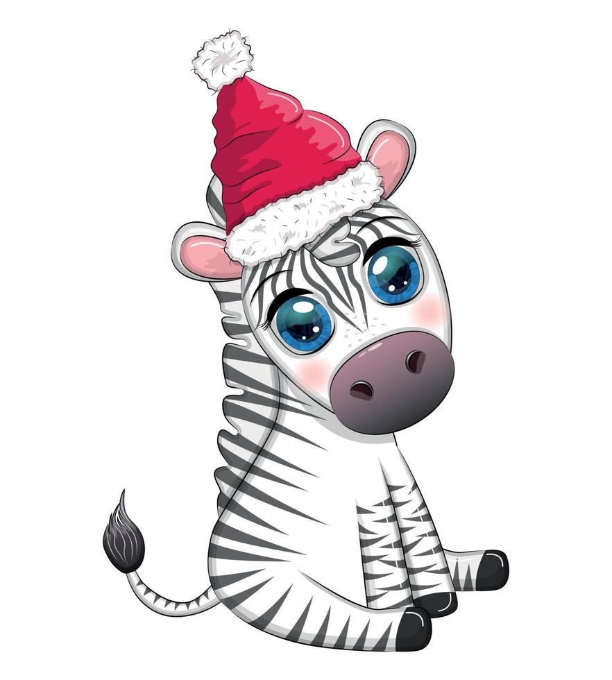 söt zebra i santa hatt med jul boll, godis kane, gåva. vilda djur och växter högtider tecknad serie karaktär. vektor