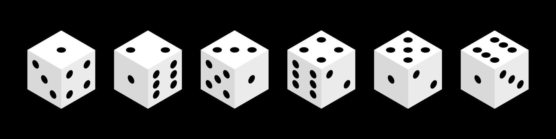 würfel isolierte isometrische vektorobjekte. realistische weiße Würfel mit einer zufälligen Anzahl von schwarzen Punkten oder Pips. Konzept für Glücksspieldesign, Casino, Craps und Poker, Tisch- oder Brettspiele. vektor