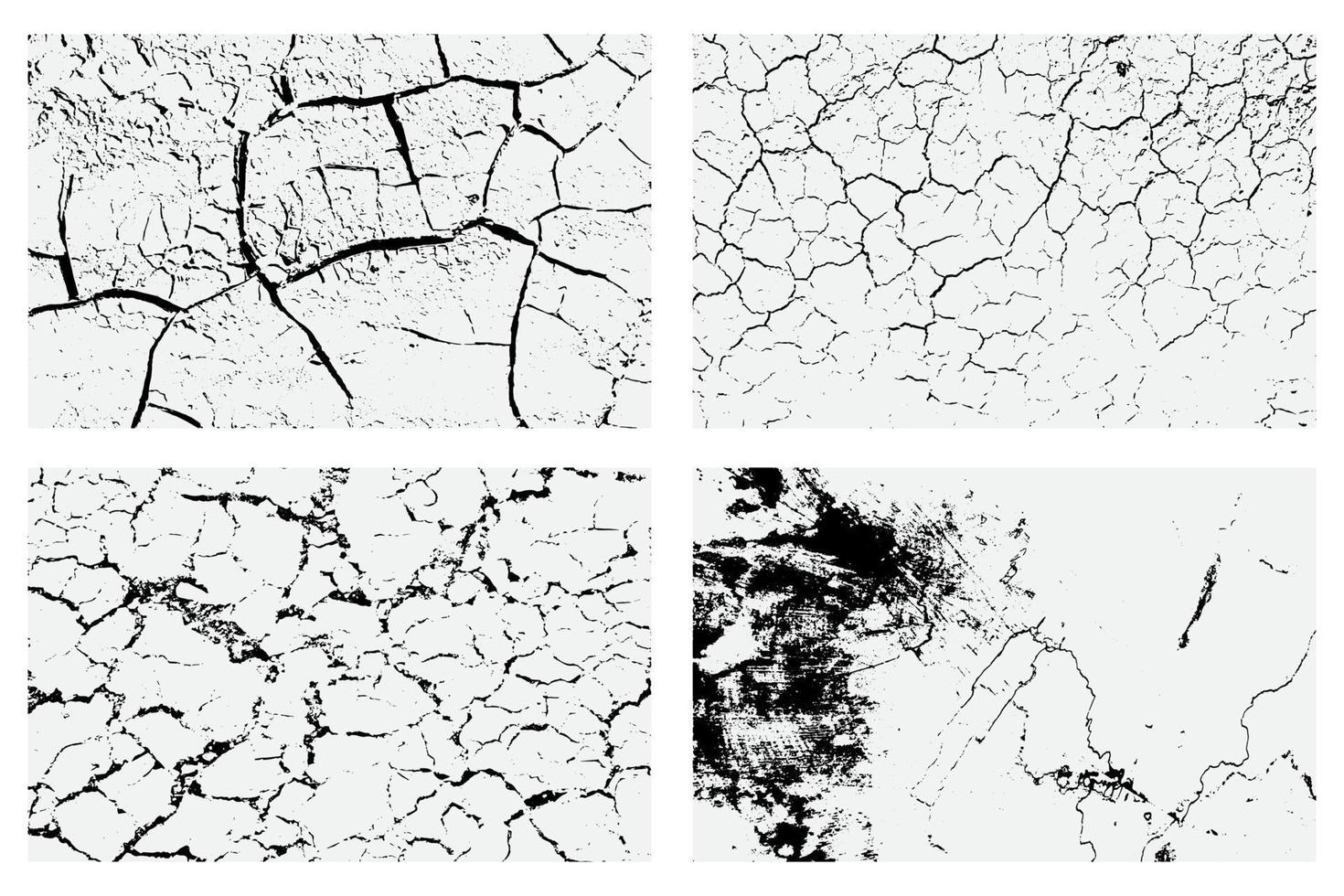 satz der textur von trockenen bodenrissen und spritzern von flecken, schwarz-weißer texturhintergrund eps-vektor vektor