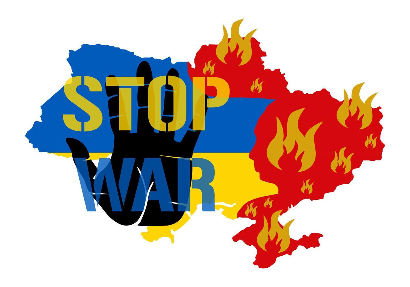 Stoppt den Krieg - Palme. ukraine retten. stilisierte Karte der Ukraine mit Nationalflagge und angegriffenen brennenden Gebieten in Form eines blutigen Kopfes eines Usurpators. blutende ukraine-karte in flammen mit offener hand der kinder vektor