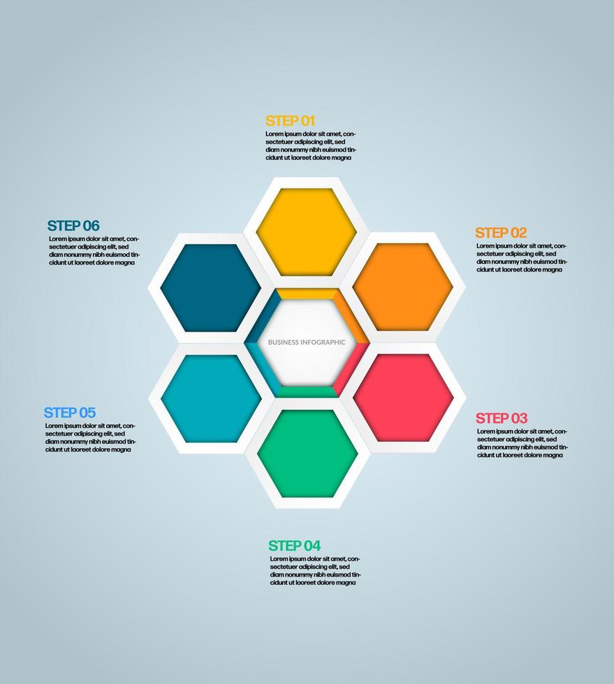 Business-Sechseck-Infografik. moderne Infografik-Vorlage. abstraktes Diagramm mit 6 Schritten, Optionen, Teilen oder Prozessen. Vektorgeschäftsvorlage für die Präsentation. kreatives konzept für infografik vektor