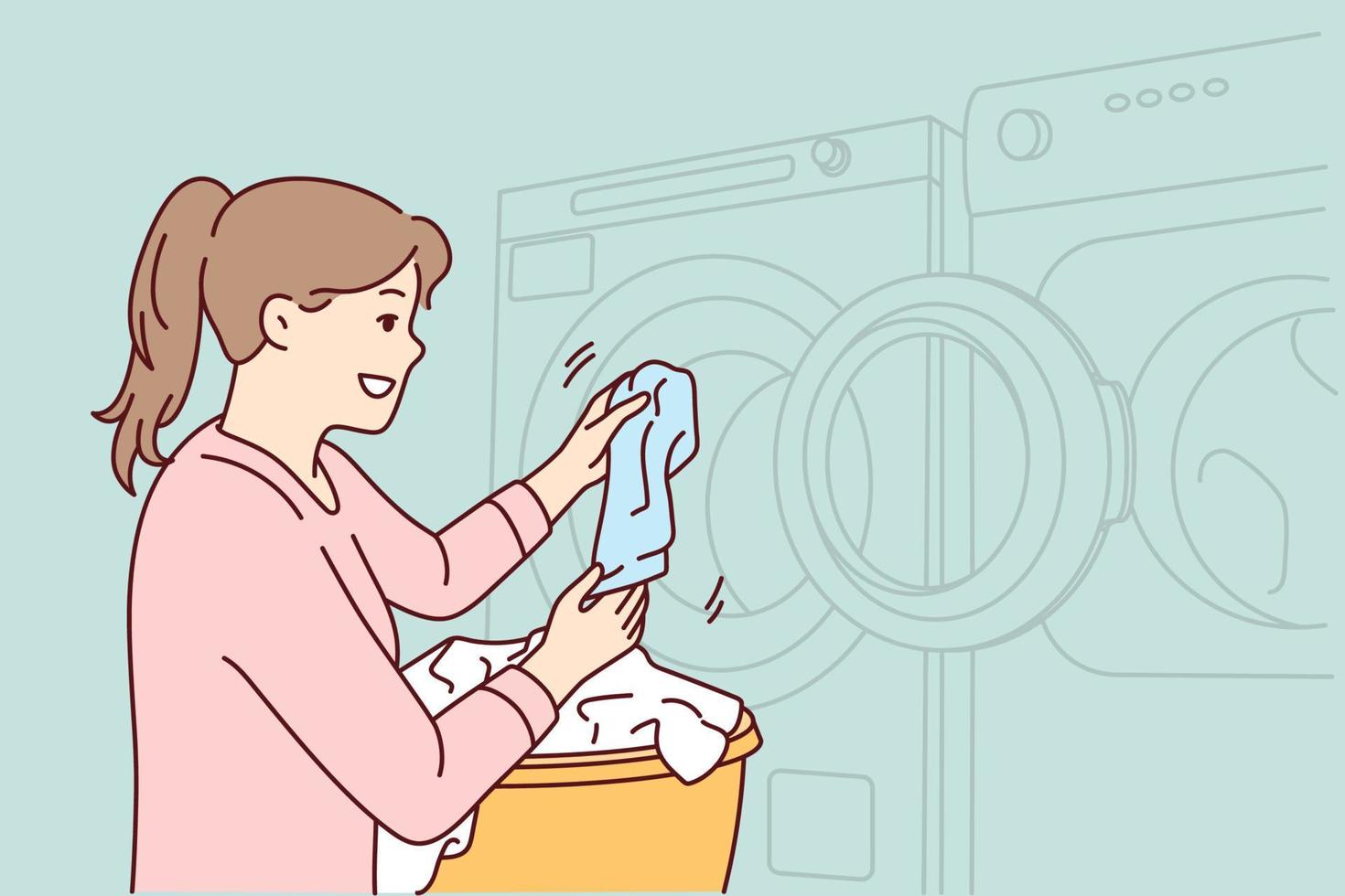 kvinna kastar smutsig tvätt in i tvättning maskin till göra tvätt färsk och lukt Bra. flicka använder sig av tvättomat står med korg fylld med smutsad varje dag saker. platt vektor bild