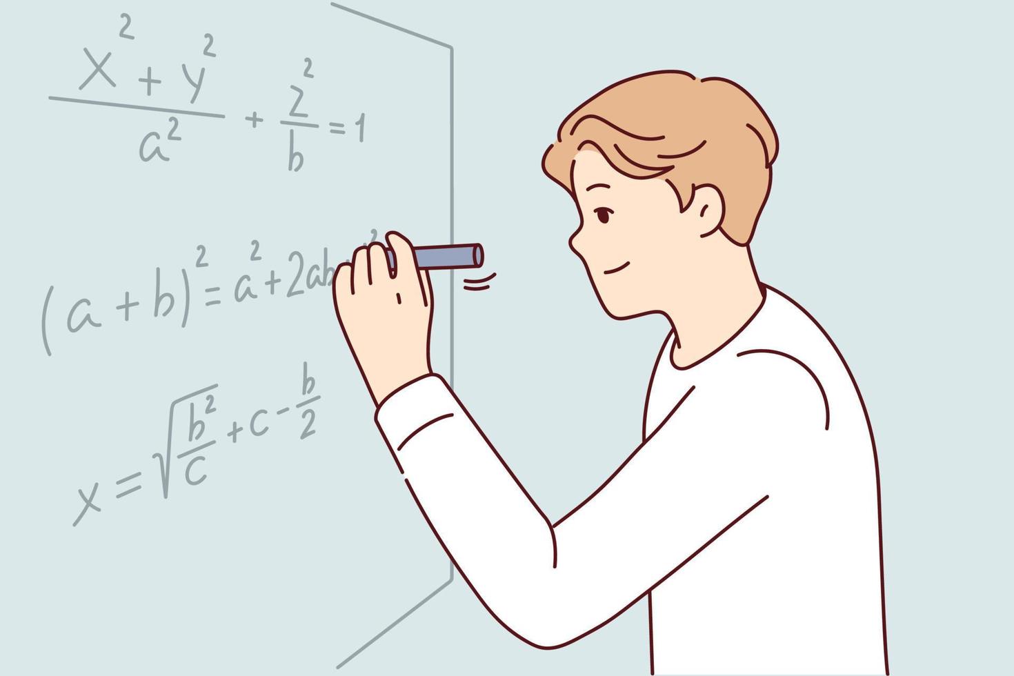 man löser komplex matematisk problem förbi slutföra uppgifter av universitet lärare. smart kille i vit skjorta är använder sig av markör till skriva formel på svarta tavlan under algebra examen. platt vektor design