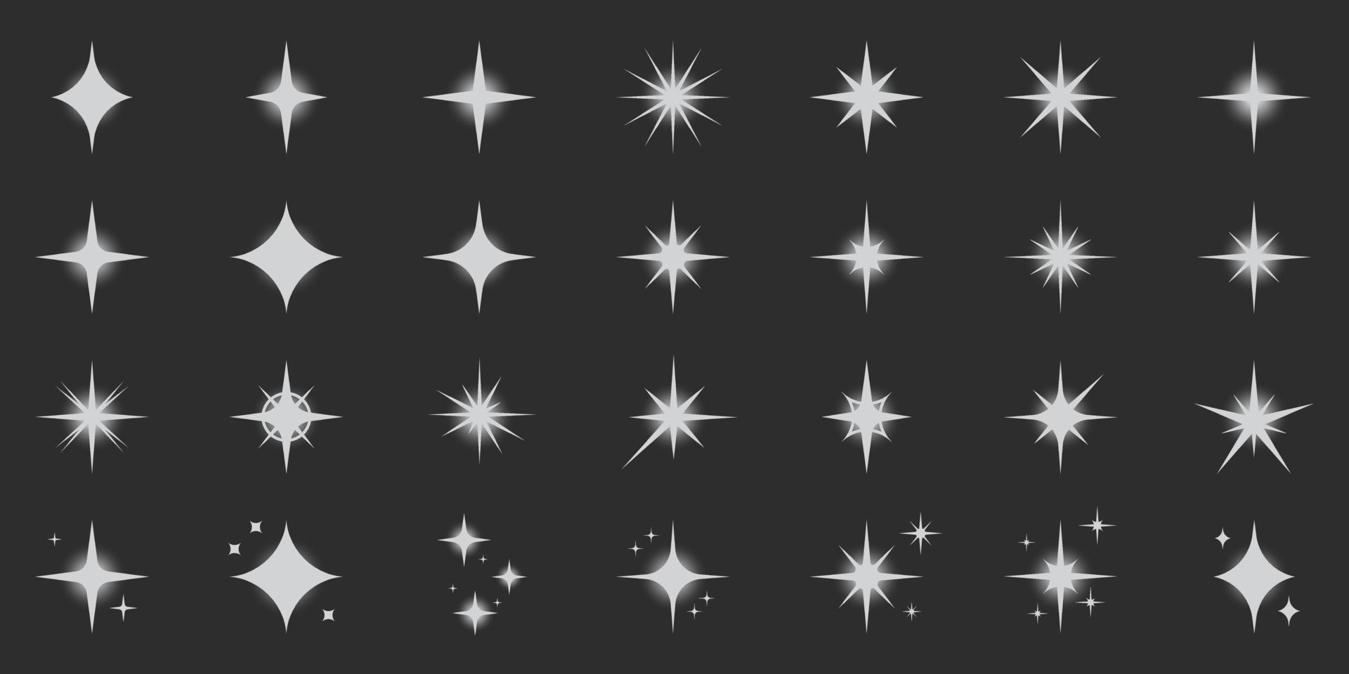 Funkelndes silbernes Sternsilhouetten-Icon-Set. Glow Spark Flash Stars Piktogrammsammlung. Shine Burst magisches Dekorationssymbol. glitzerndes Effektlicht. funkeln flackern. isolierte Vektorillustration. vektor