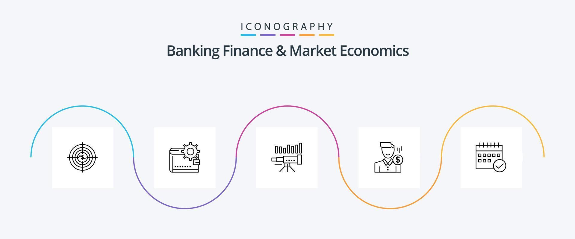 bank finansiera och marknadsföra ekonomi linje 5 ikon packa Inklusive prognos. teleskop. plånbok. tillverkning. personlig vektor
