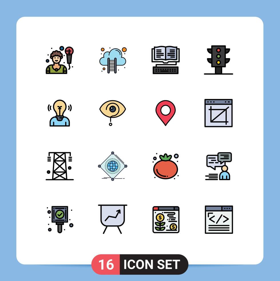 16 platt Färg fylld linje begrepp för webbplatser mobil och appar person aning utbildning Glödlampa trafik redigerbar kreativ vektor design element