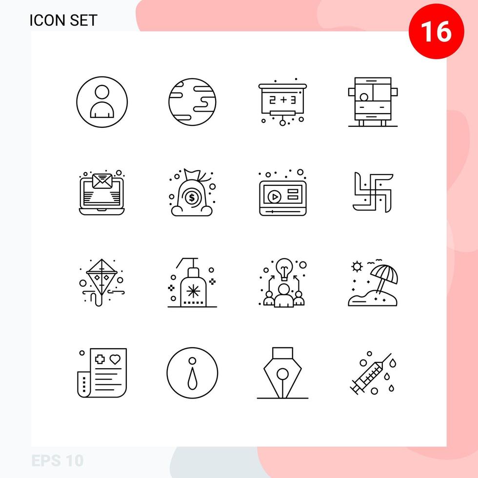 modern uppsättning av 16 konturer pictograph av väska post utbildning e-post skola redigerbar vektor design element