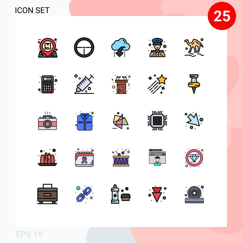 25 universell fylld linje platt färger uppsättning för webb och mobil tillämpningar polis säkerhet polis soldat data ner redigerbar vektor design element