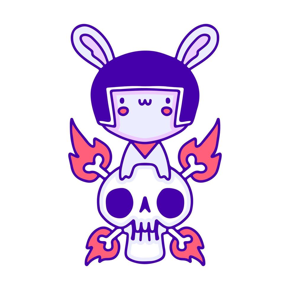 süßer Babyhase mit Helm mit flammender Totenkopf-Doodle-Kunst, Illustration für T-Shirts, Aufkleber oder Bekleidungswaren. mit modernem Pop und Kawaii-Stil vektor