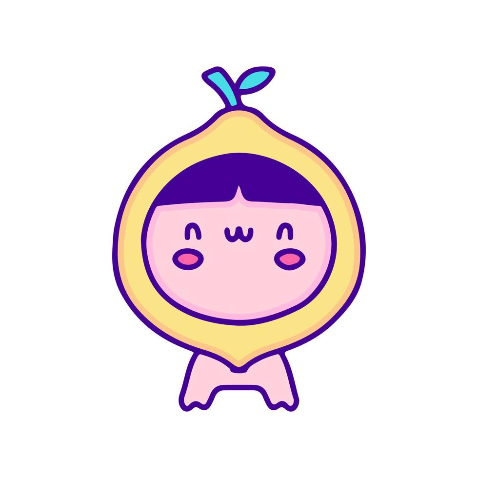 süßes baby in zitronenfruchtkostümgekritzelkunst, illustration für t-shirt, aufkleber oder bekleidungswaren. mit modernem Pop und Kawaii-Stil. vektor