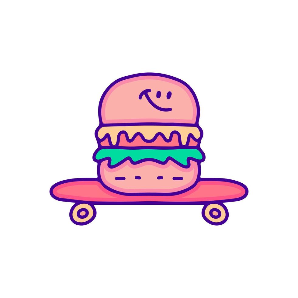 burger och skateboard klotter konst, illustration för t-shirt, klistermärke, eller kläder handelsvaror. med modern pop- stil. vektor