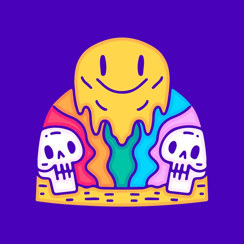 trippiger Schädel mit geschmolzenem Lächeln Emoji-Gesicht Cartoon, Illustration für T-Shirt, Aufkleber oder Bekleidungswaren. mit modernem Pop und urbanem Stil. vektor