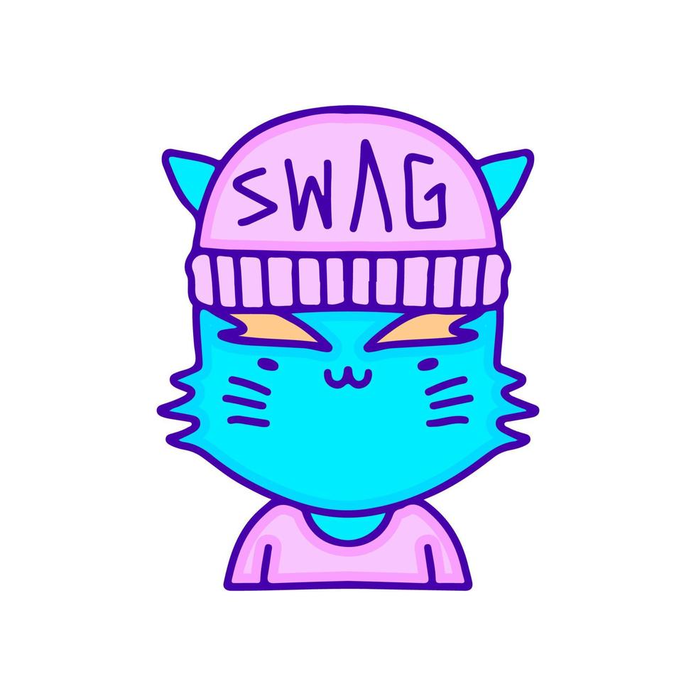 hype katt bär mössa hatt klotter konst, illustration för t-shirt, klistermärke, eller kläder handelsvaror. med modern pop- och söt stil vektor