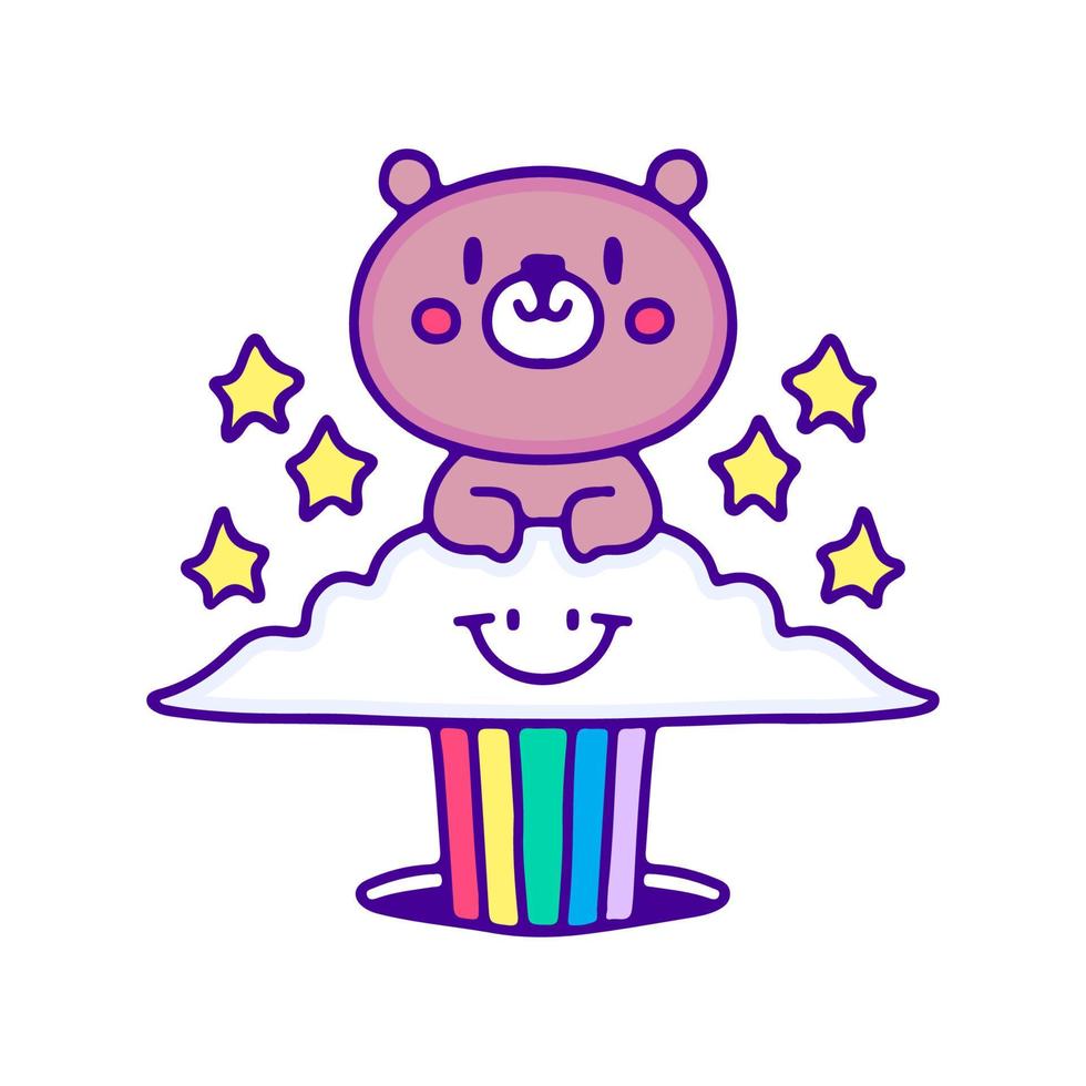 niedlicher babybär mit wolken- und regenbogengekritzelkunst, illustration für t-shirt, aufkleber oder bekleidungswaren. mit modernem Pop und Kawaii-Stil. vektor