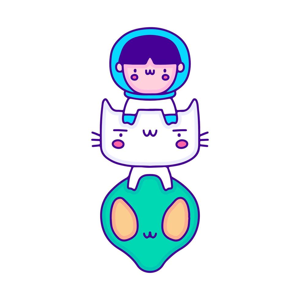 süßer Baby-Astronaut mit Katzen- und Alien-Doodle-Kunst, Illustration für T-Shirts, Aufkleber oder Bekleidungswaren. mit modernem Pop und Kawaii-Stil. vektor