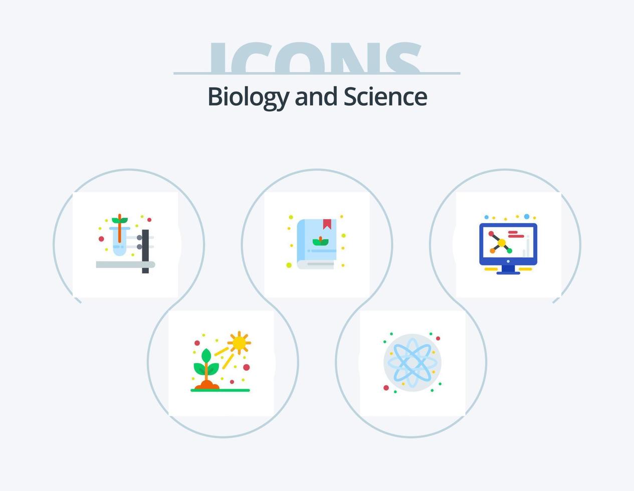biologi platt ikon packa 5 ikon design. molekyl. dna. ört- apotek. atom. trädgård vektor