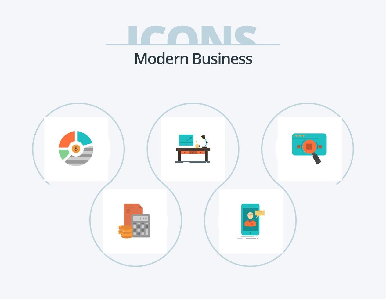 modernes Business-Flat-Icon-Pack 5 Icon-Design. seo. Unternehmen. Live-Chat. Bar. Diagramm vektor