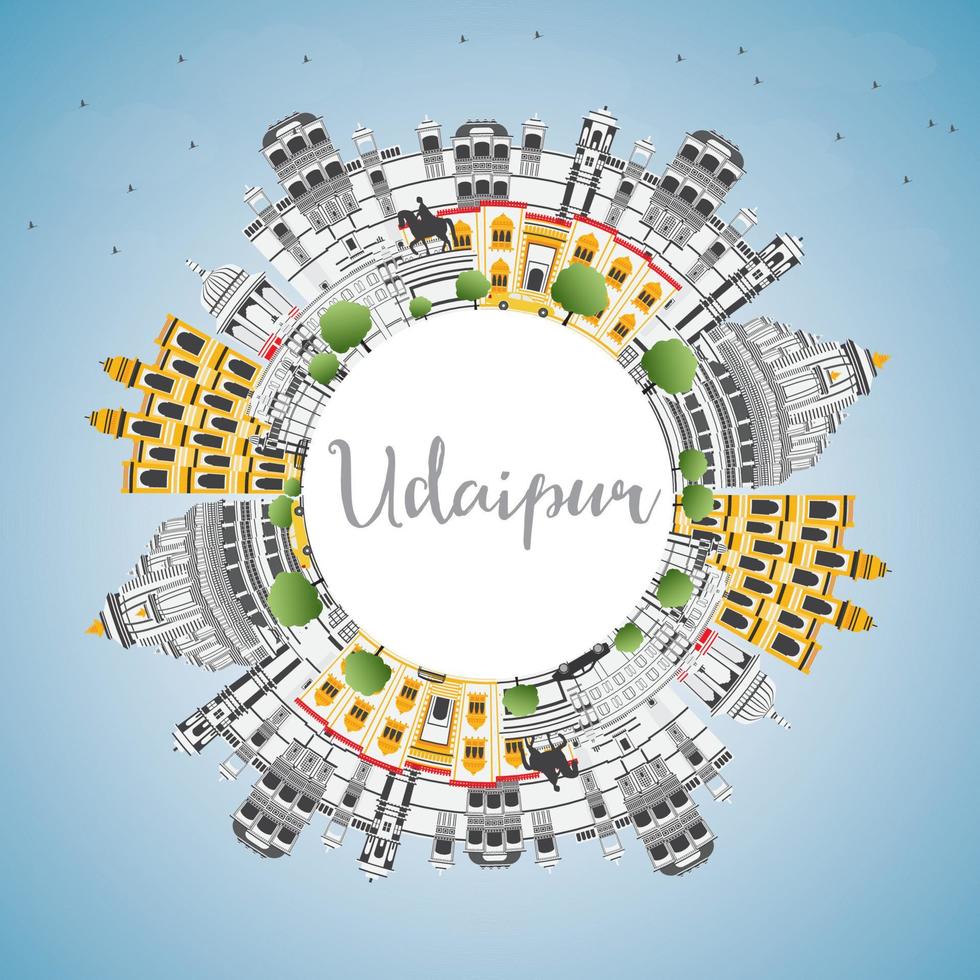 udaipur Indien stad horisont med Färg byggnader, blå himmel och kopia Plats. vektor