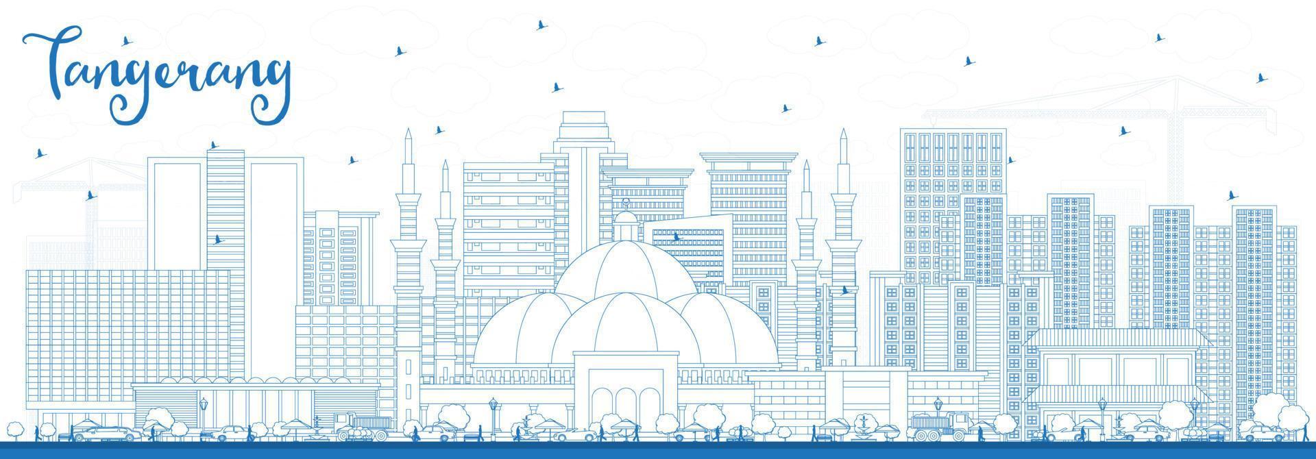 skizzieren sie die skyline von tangerang indonesien mit blauen gebäuden. vektor
