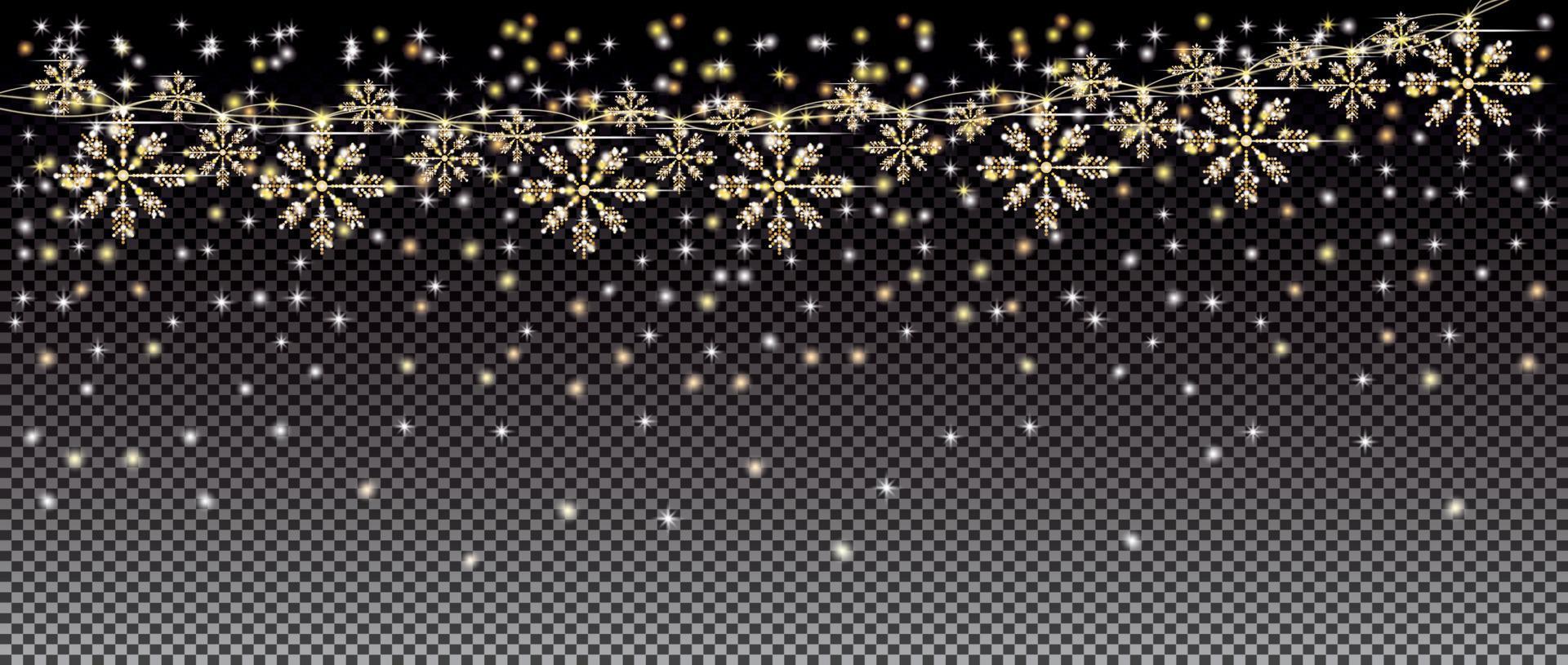 Neonlichter und goldene Girlande mit Schneeflocken auf transparentem Gitterhintergrund. vektor
