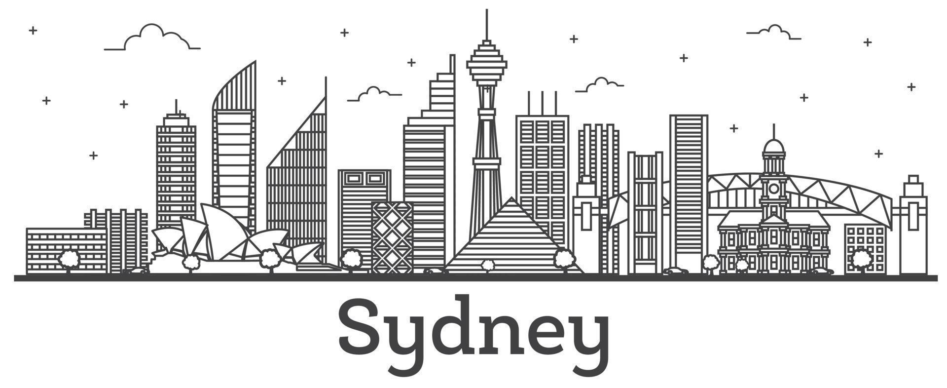 skizzieren sie die skyline der stadt sydney australien mit modernen gebäuden, die auf weiß isoliert sind. vektor