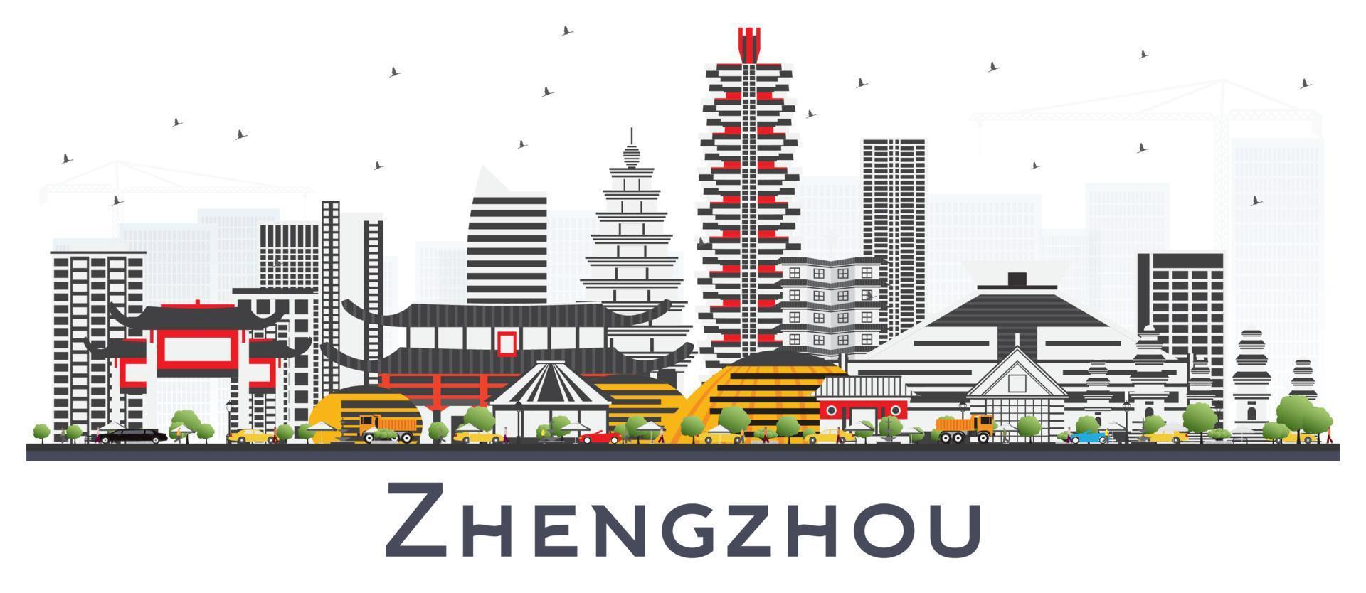 zhengzhou Kina stad horisont med grå byggnader isolerat på vit. vektor