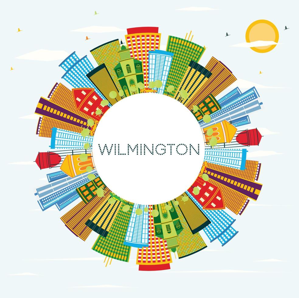 wilmington delaware city skyline mit farbigen gebäuden, blauem himmel und kopierraum. vektor