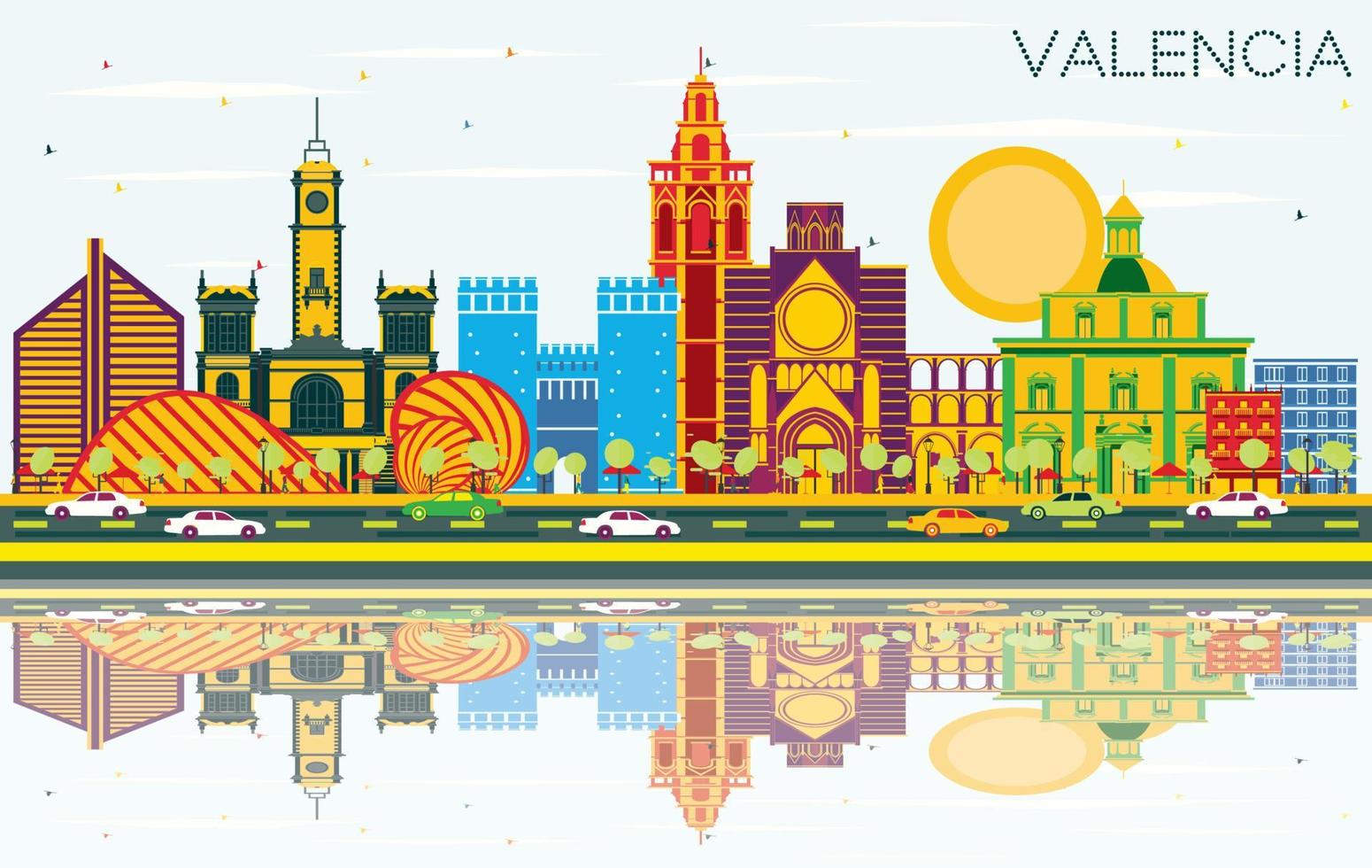 valencia Spanien stad horisont med Färg byggnader, blå himmel och reflektioner. vektor