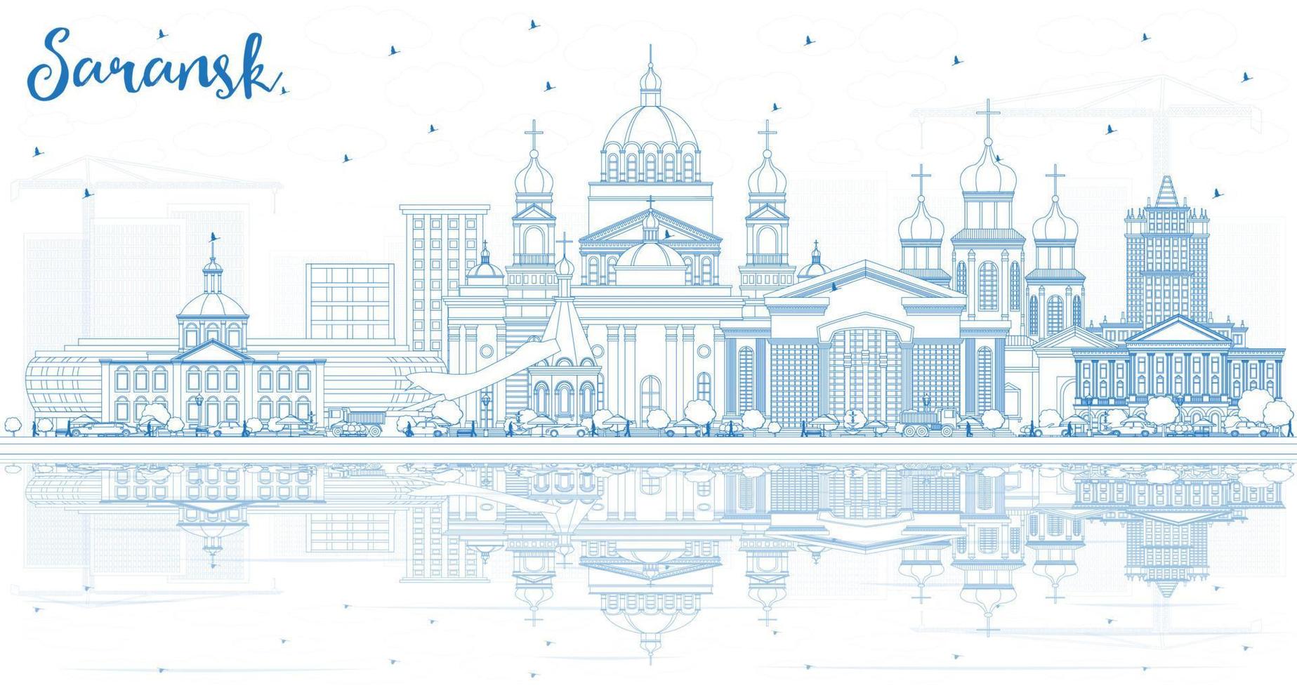 skizzieren sie die skyline der stadt saransk russland mit blauen gebäuden und reflexionen. vektor