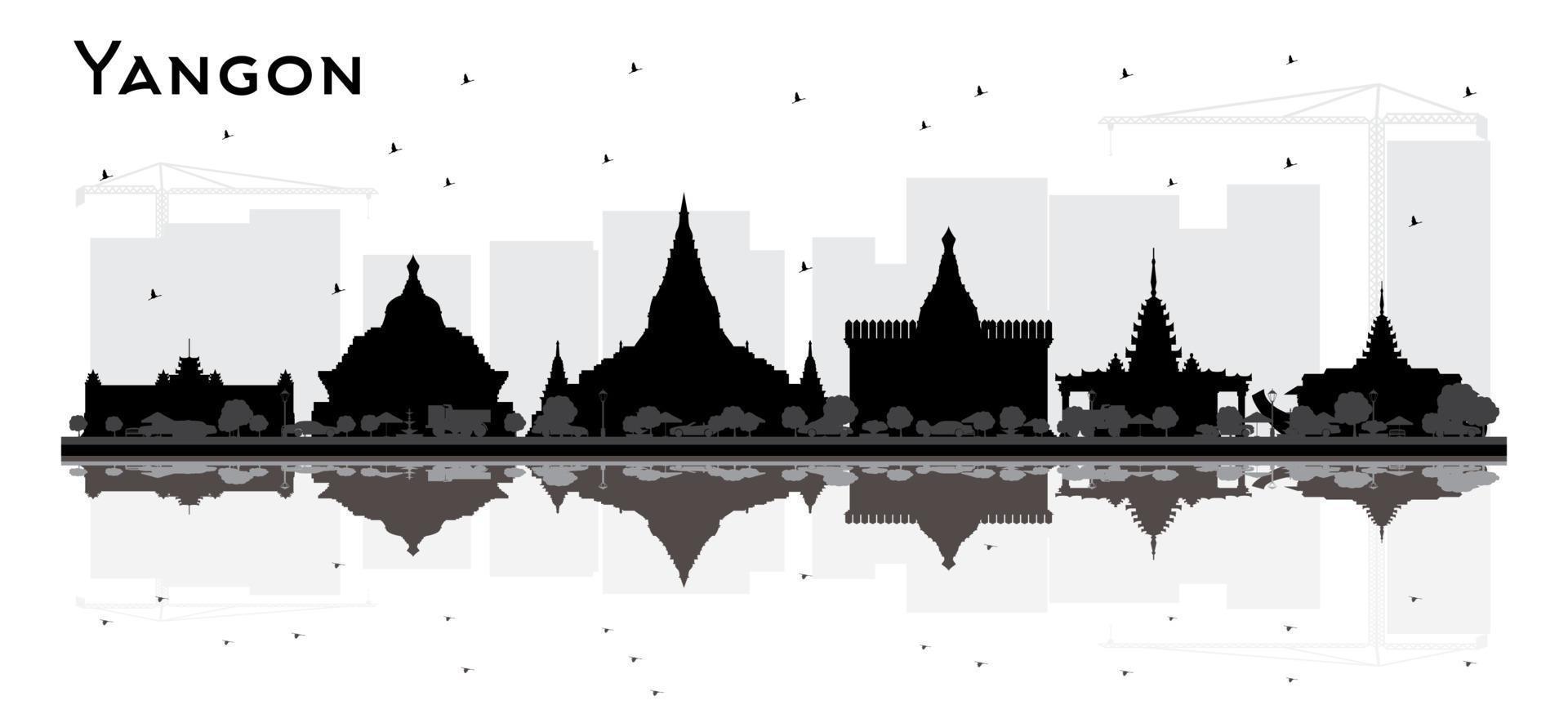 Skyline-Silhouette der Stadt Yangon Myanmar mit schwarzen Gebäuden und Reflexionen. vektor