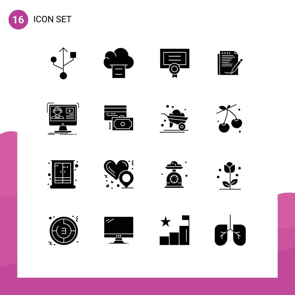 16 fast glyf begrepp för webbplatser mobil och appar uppkopplad video diplom Handledningar layout redigerbar vektor design element