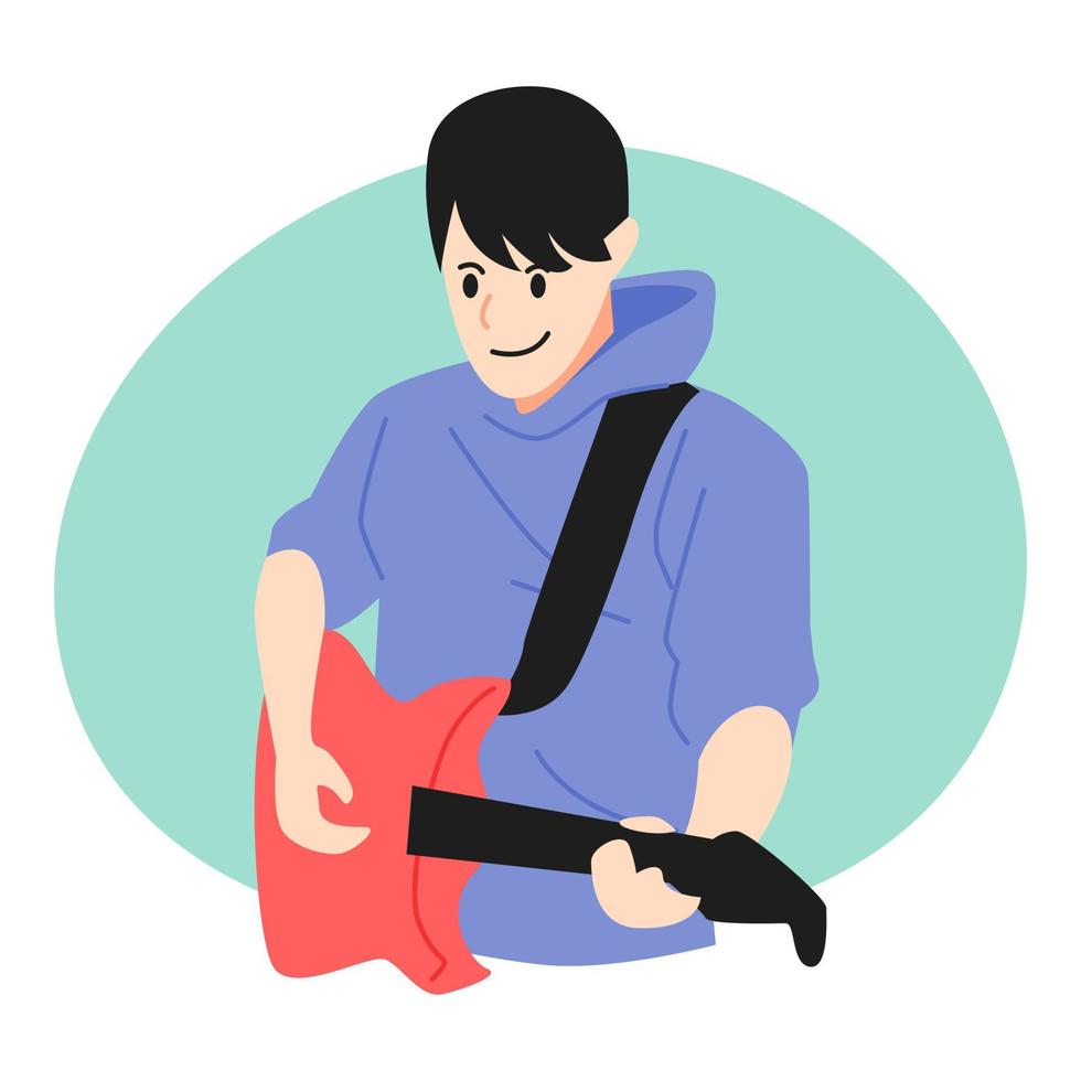 liten pojke bär Tröja spelar gitarr. tecknad serie stil. vektor illustration.